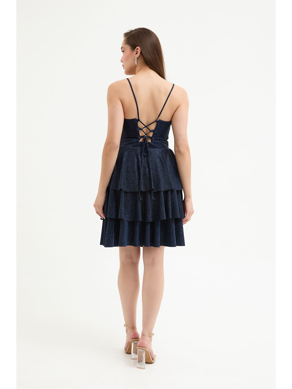 Kadın Lacivert İnce Askılı Sırt Dekolteli Simli Mini Mezuniyet Elbisesi-4