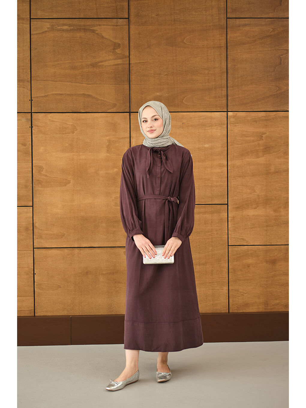 Kadın Fular Yaka Detaylı Nervürlü Modal Elbise Bordo-4
