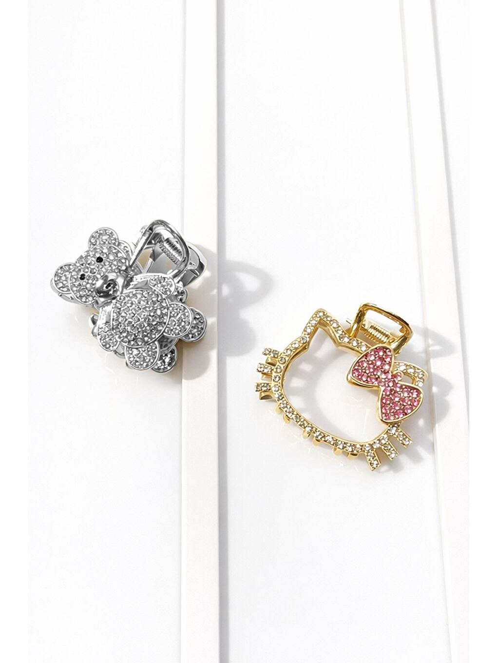 Gri Kitty ve Teddy Figürlü Kristal Taşlı Mandal Saç Tokası 2 Adet-3