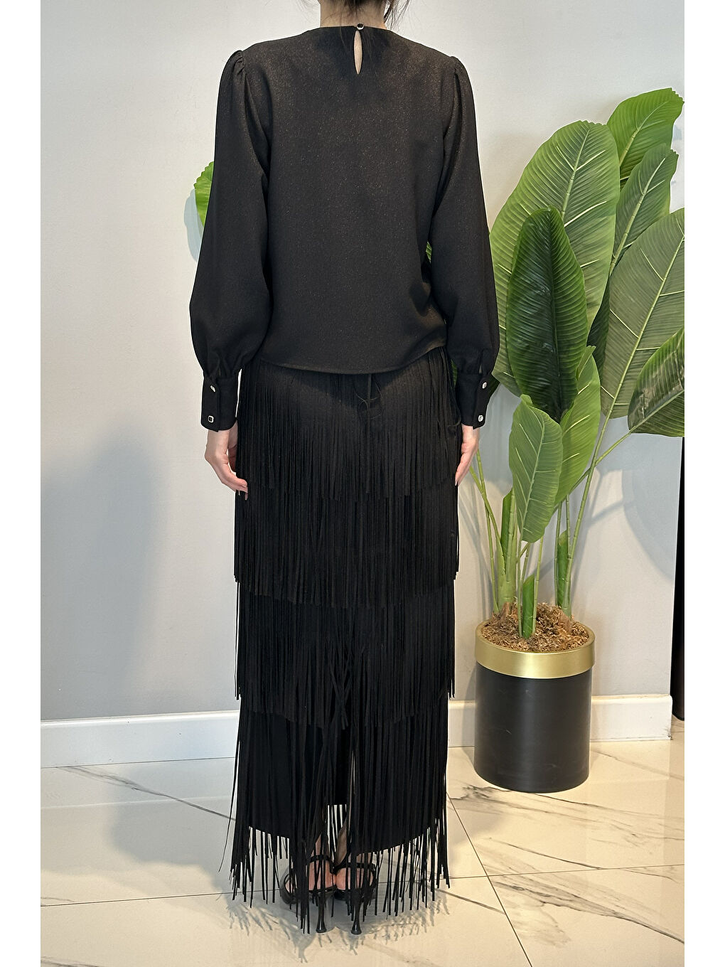 Eteği Püskül Detay Tunik Etek Takım 10548 Siyah-3