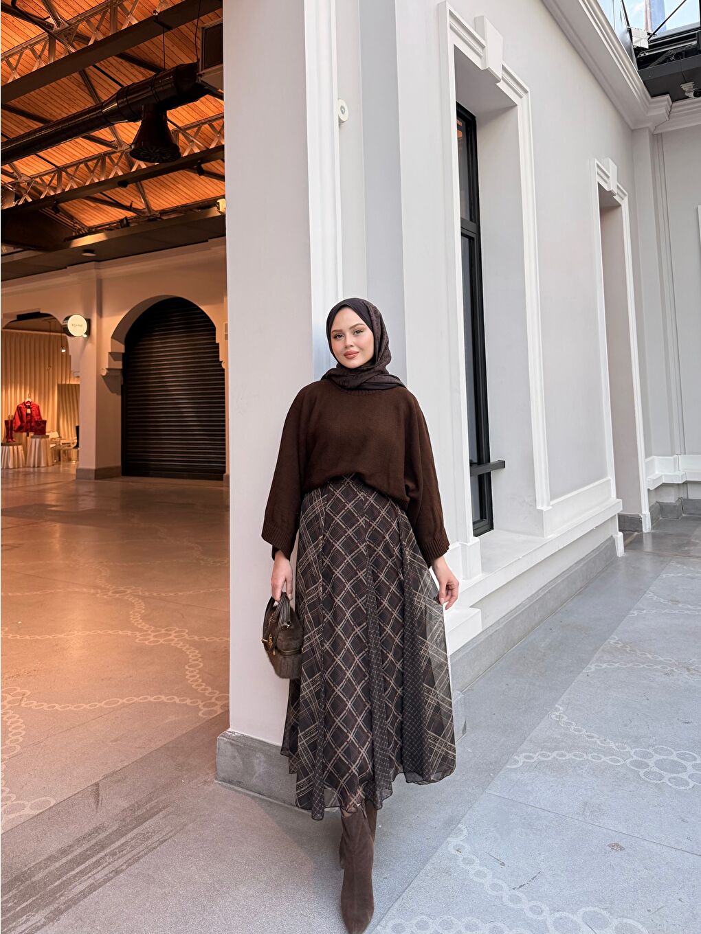 Kadın Ekose Desen Beli Lastik Detay Şifon Etek Kahverengi-2