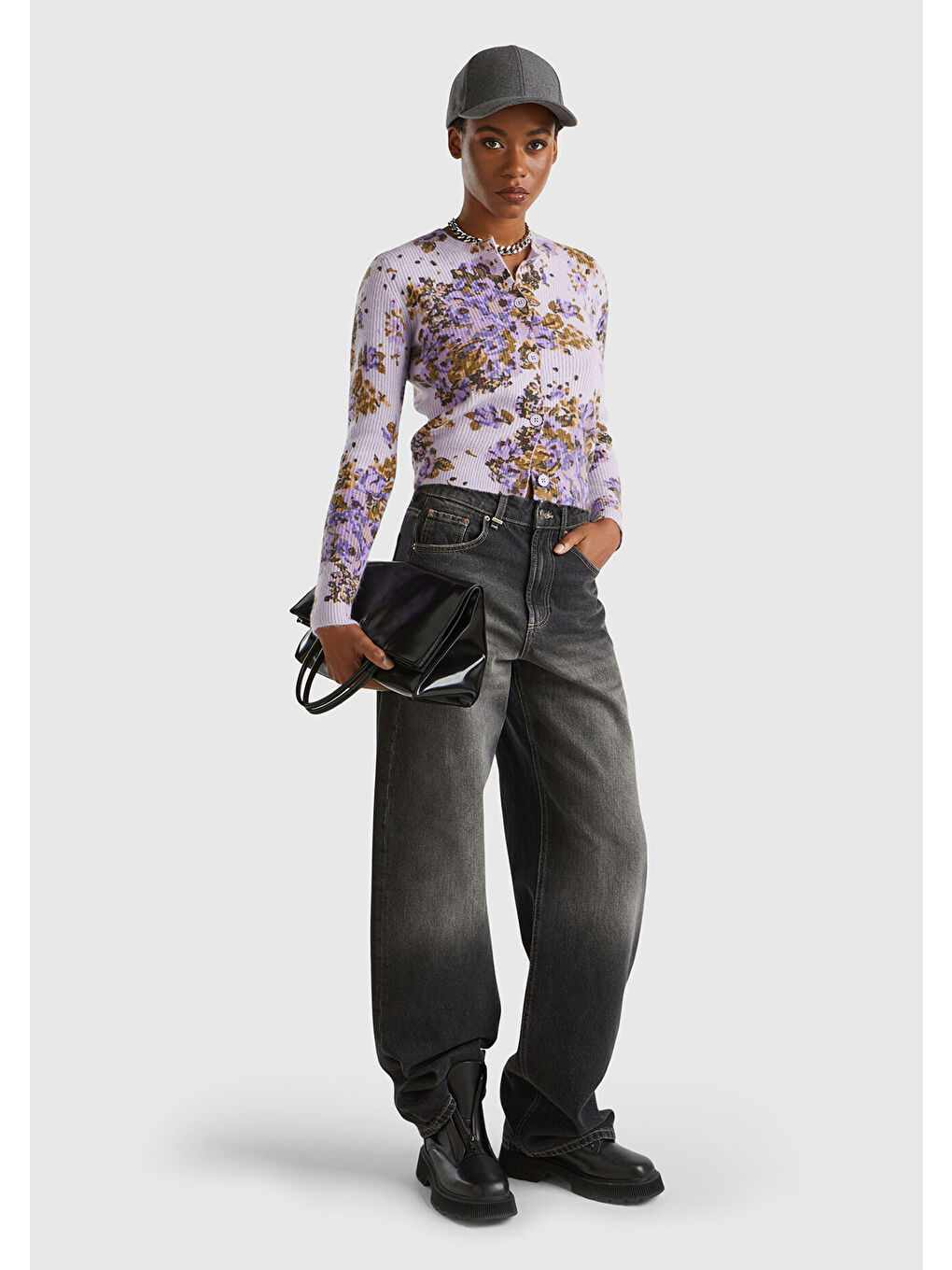 Kadın Lila Yün Karışımlı Tamamı Çiçek Desenli Bisiklet Yaka Kısa Hırka