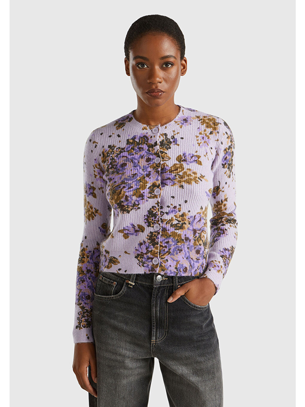 Kadın Lila Yün Karışımlı Tamamı Çiçek Desenli Bisiklet Yaka Kısa Hırka-1