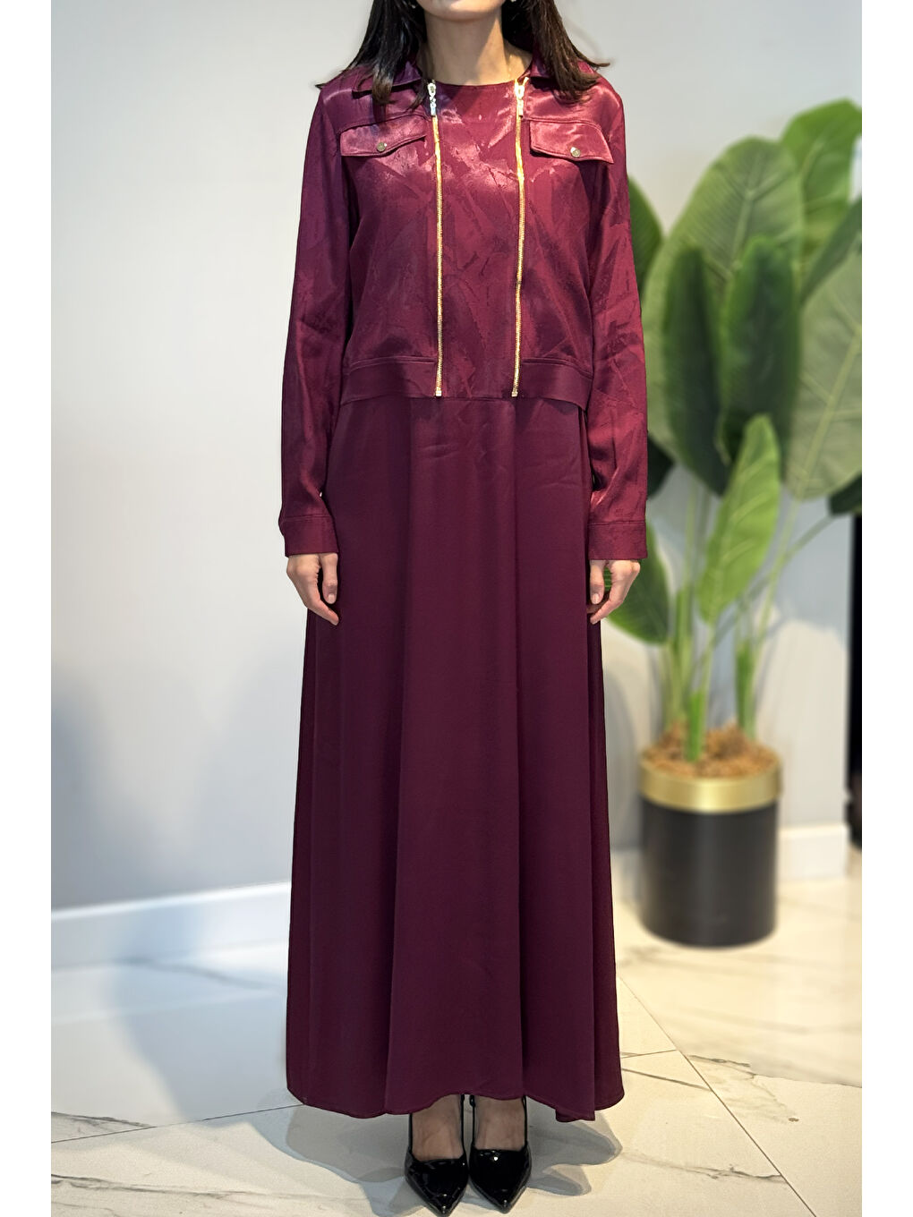 Kadın Jakar Kumaş Elbise 5305 Bordo-1