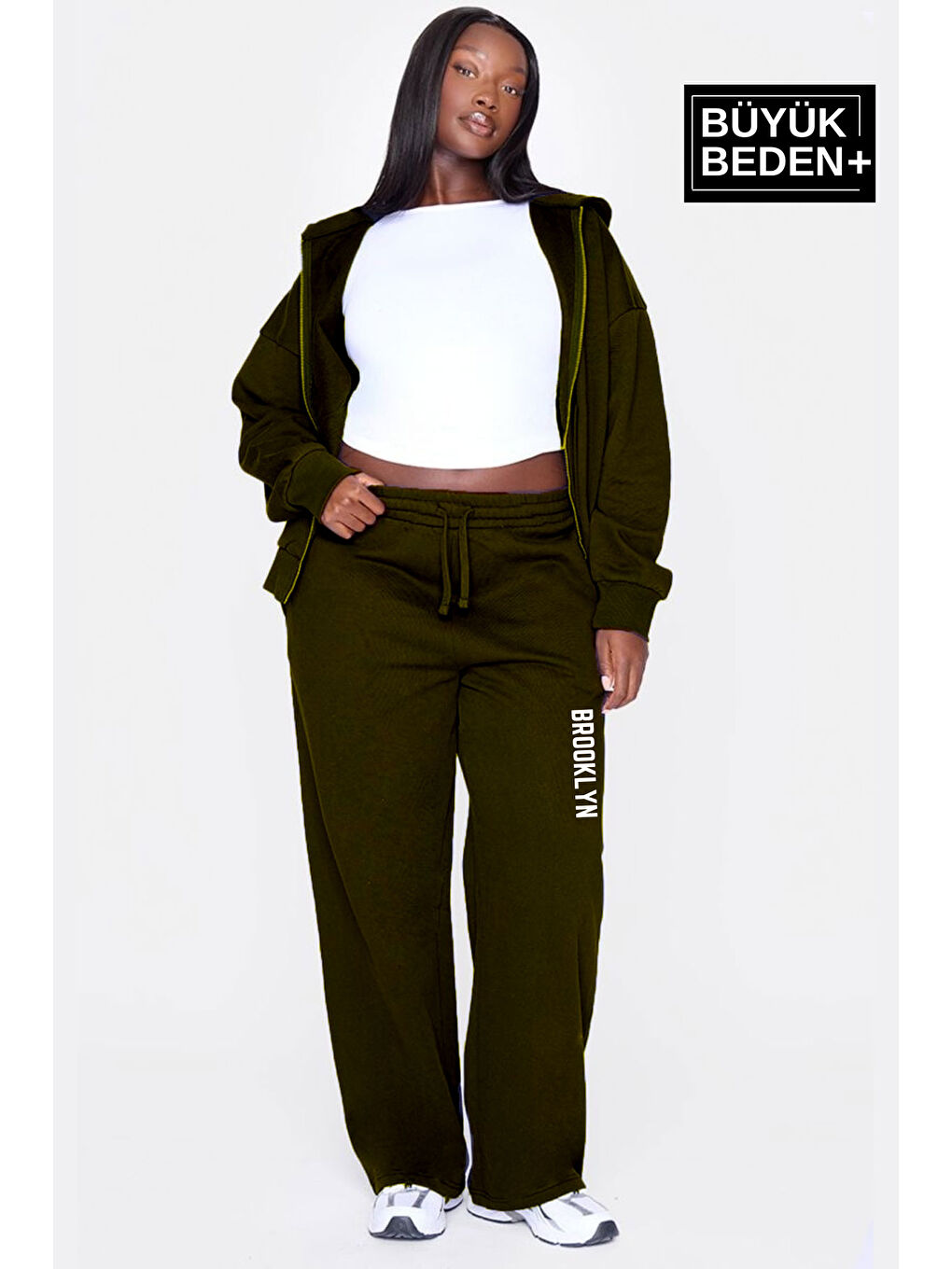 Haki Kadın Büyük Beden Brooklyn Baskılı İnce Eşofman Altı SPR25BEAK54-1
