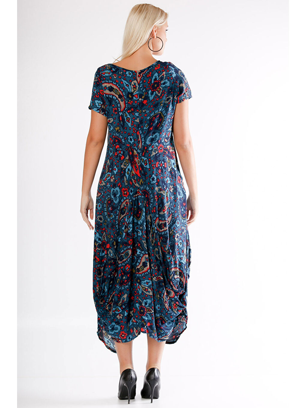 Pembe Mavi U Yaka Kısa Kol Şal Desenli Cepli Allover Baskılı Dokuma Elbise-1