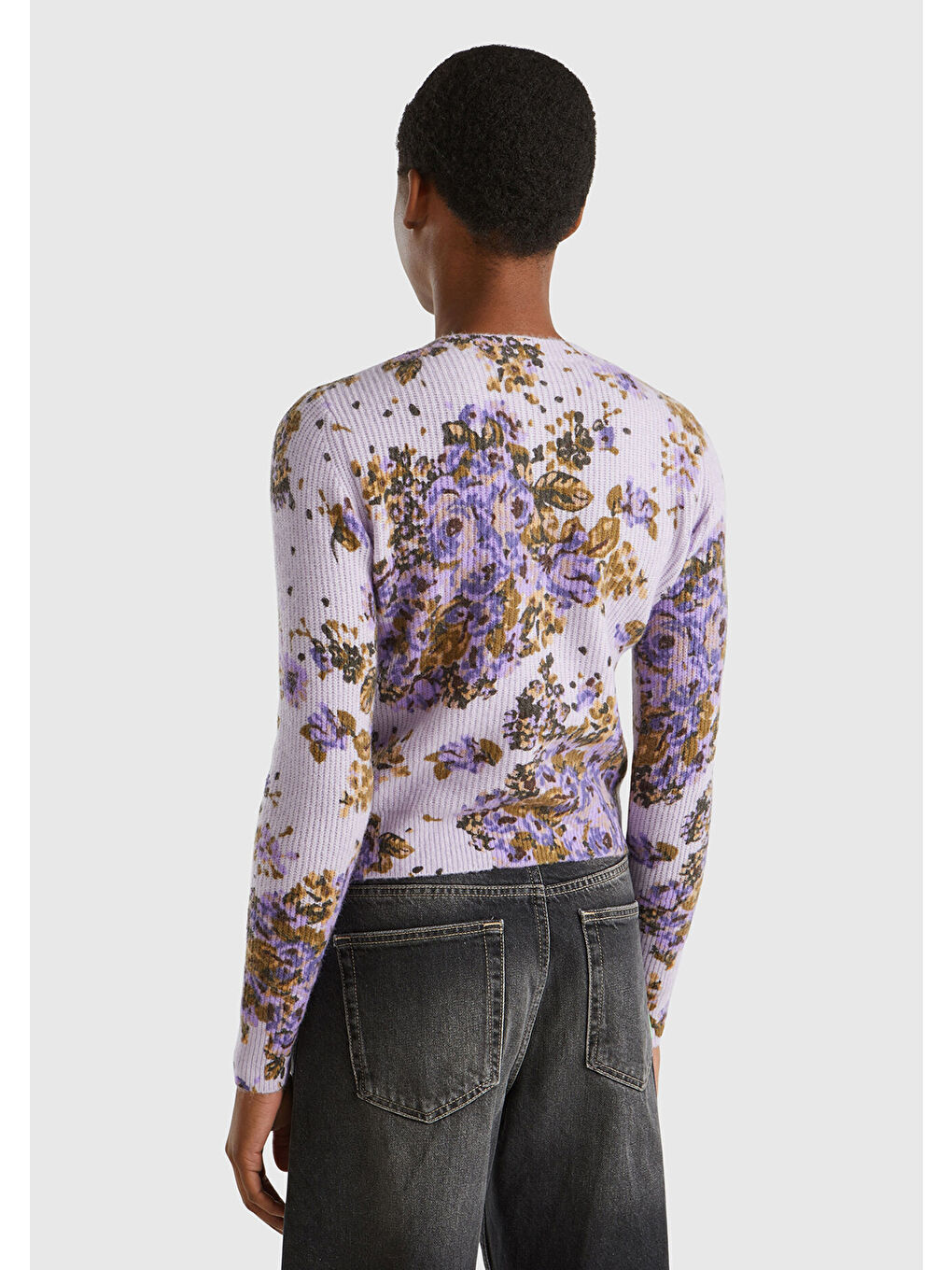 Kadın Lila Yün Karışımlı Tamamı Çiçek Desenli Bisiklet Yaka Kısa Hırka-3