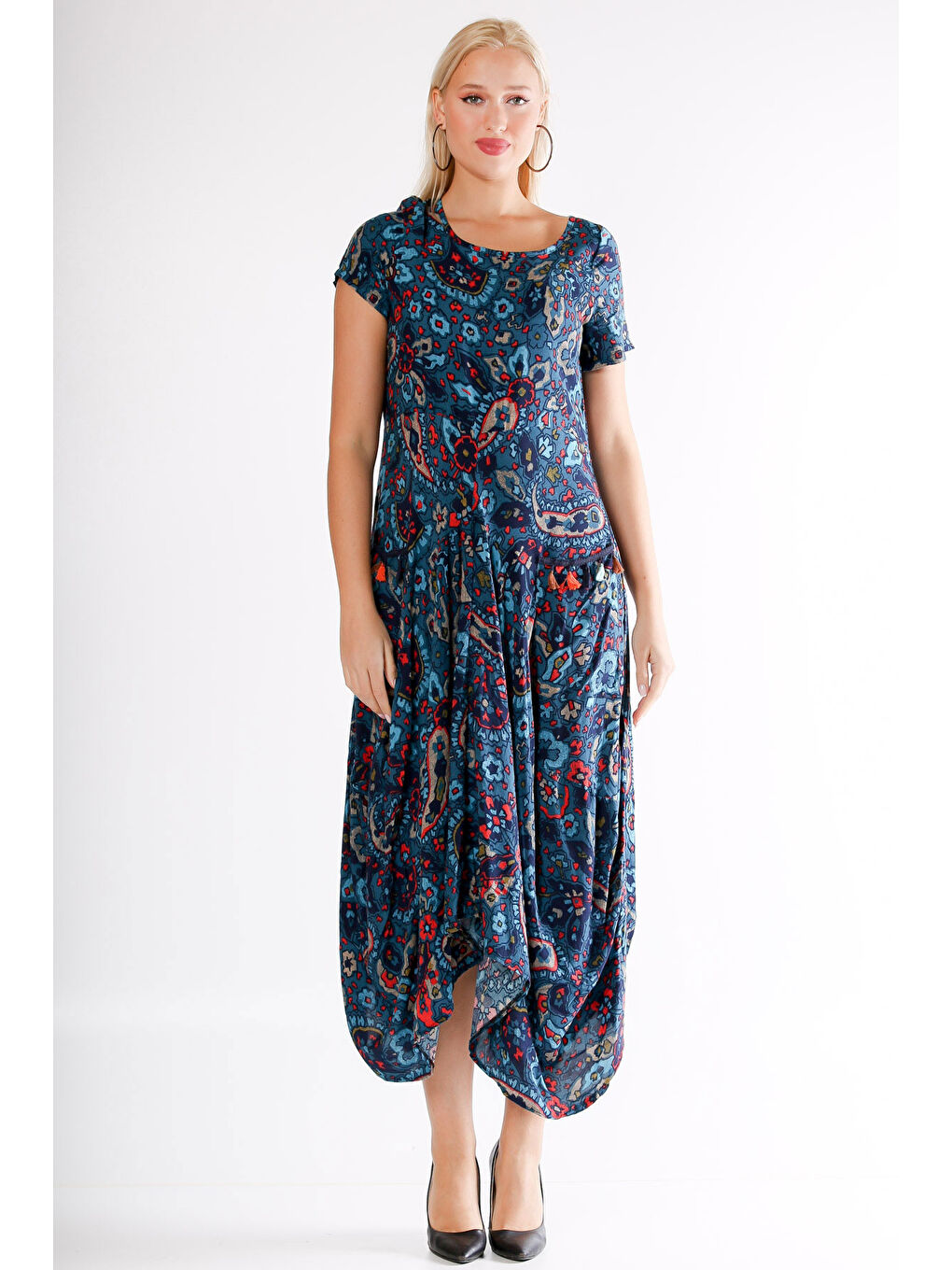 Pembe Mavi U Yaka Kısa Kol Şal Desenli Cepli Allover Baskılı Dokuma Elbise-2