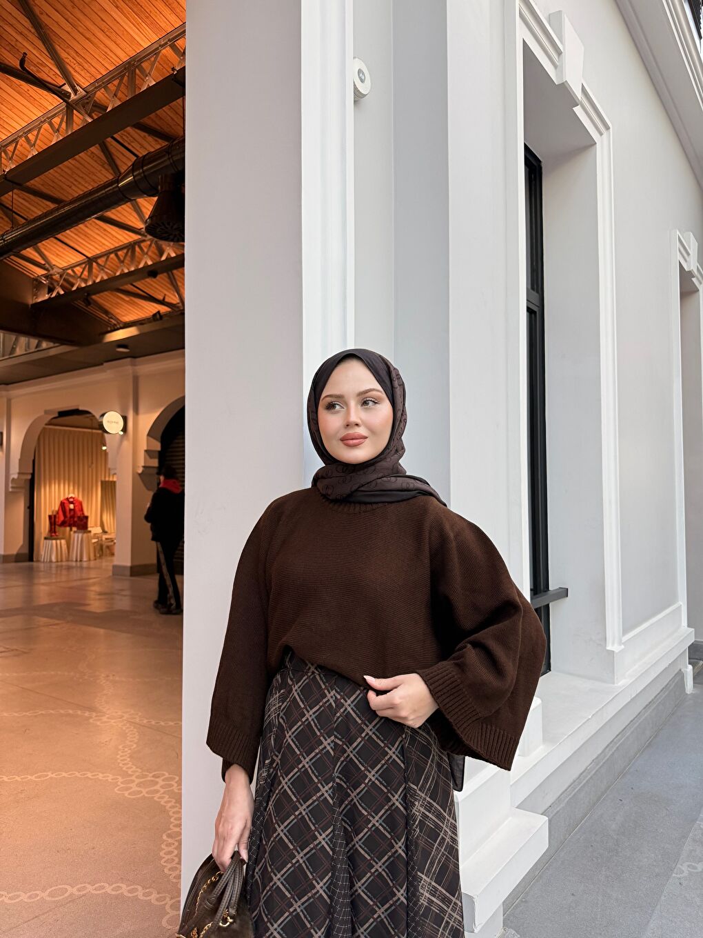 Kadın Ekose Desen Beli Lastik Detay Şifon Etek Kahverengi-3