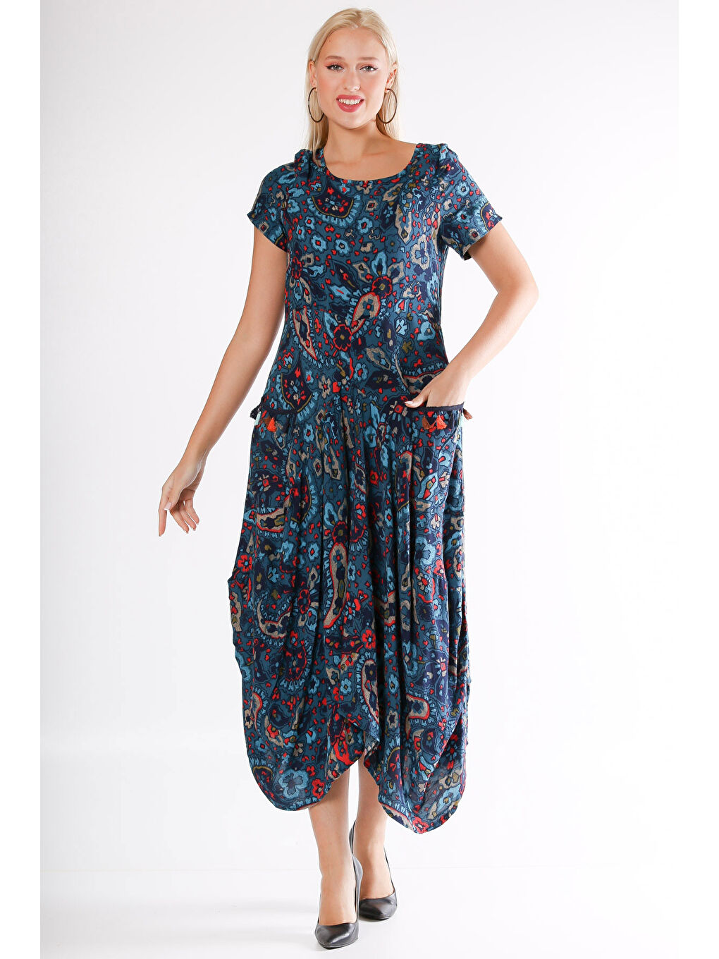 Pembe Mavi U Yaka Kısa Kol Şal Desenli Cepli Allover Baskılı Dokuma Elbise-3