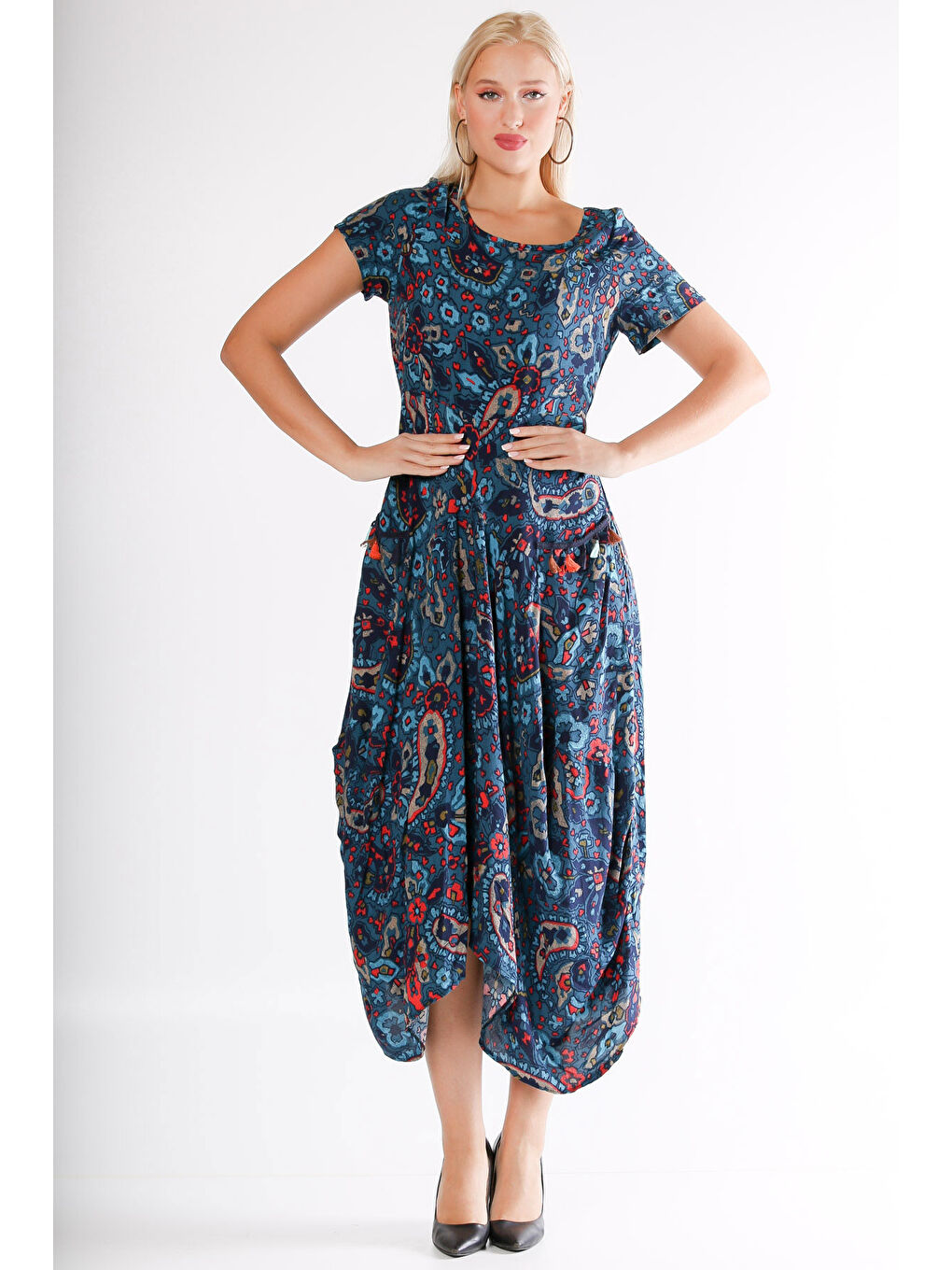 Pembe Mavi U Yaka Kısa Kol Şal Desenli Cepli Allover Baskılı Dokuma Elbise-4