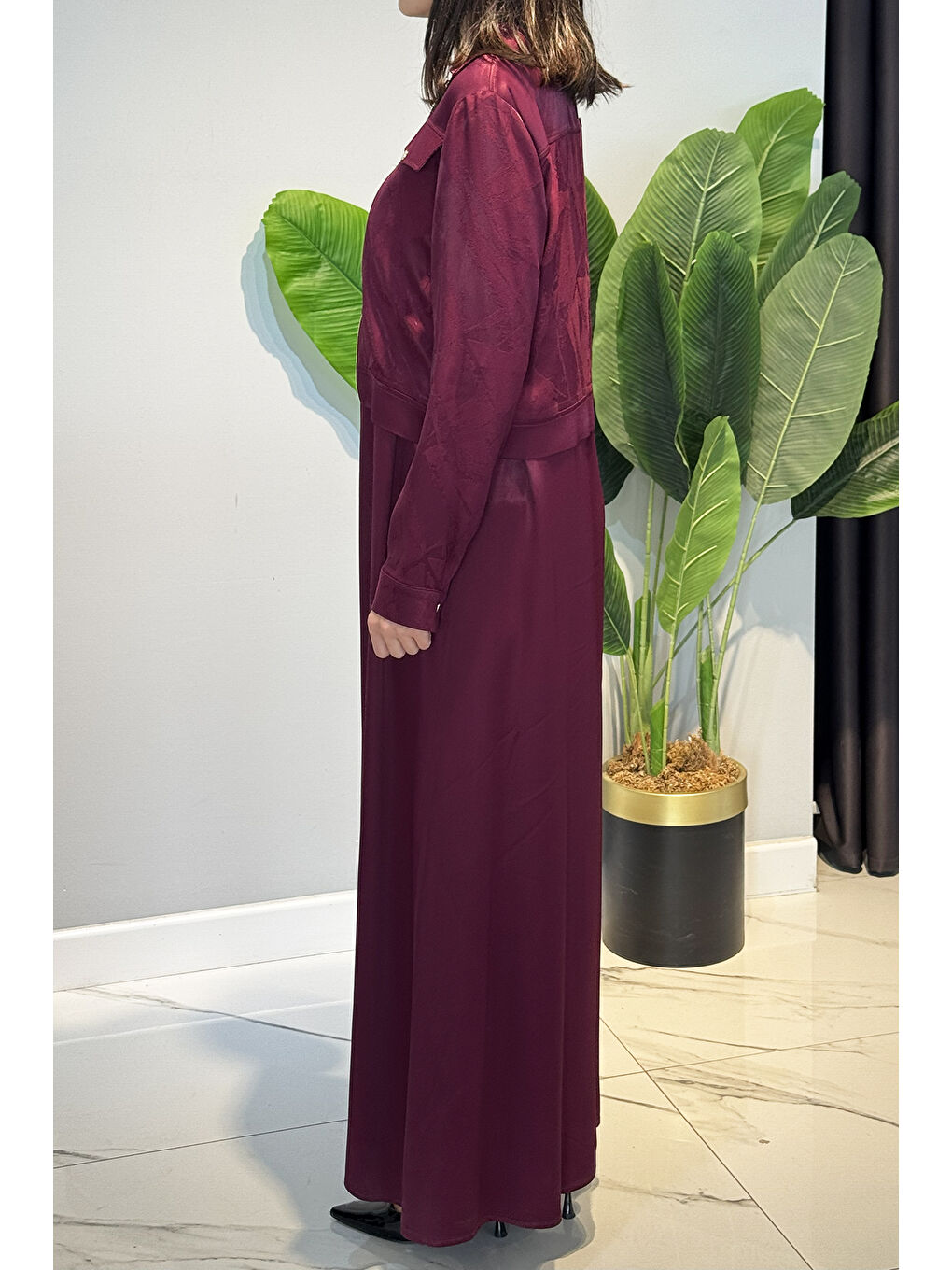 Kadın Jakar Kumaş Elbise 5305 Bordo-3