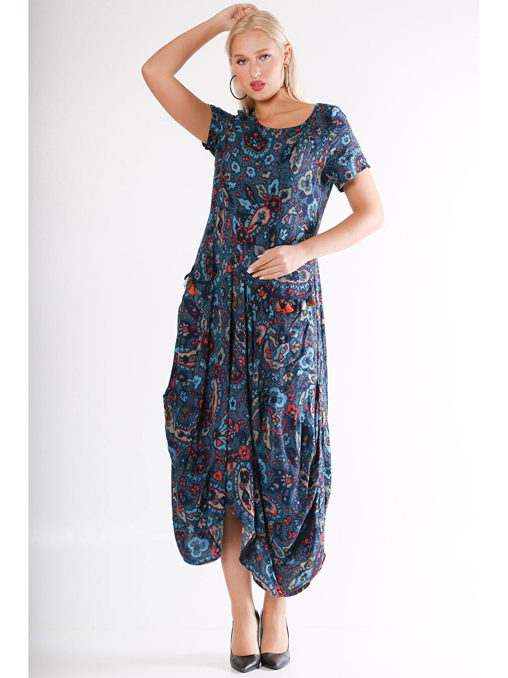 Pembe Mavi U Yaka Kısa Kol Şal Desenli Cepli Allover Baskılı Dokuma Elbise-5