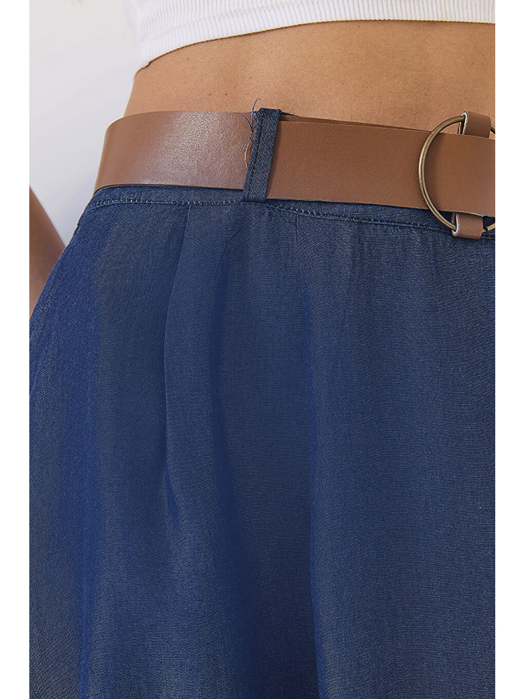 Lacivert Kadın Cep Detaylı Kemerli Yazlık Denim Uzun Kloş Etek-5