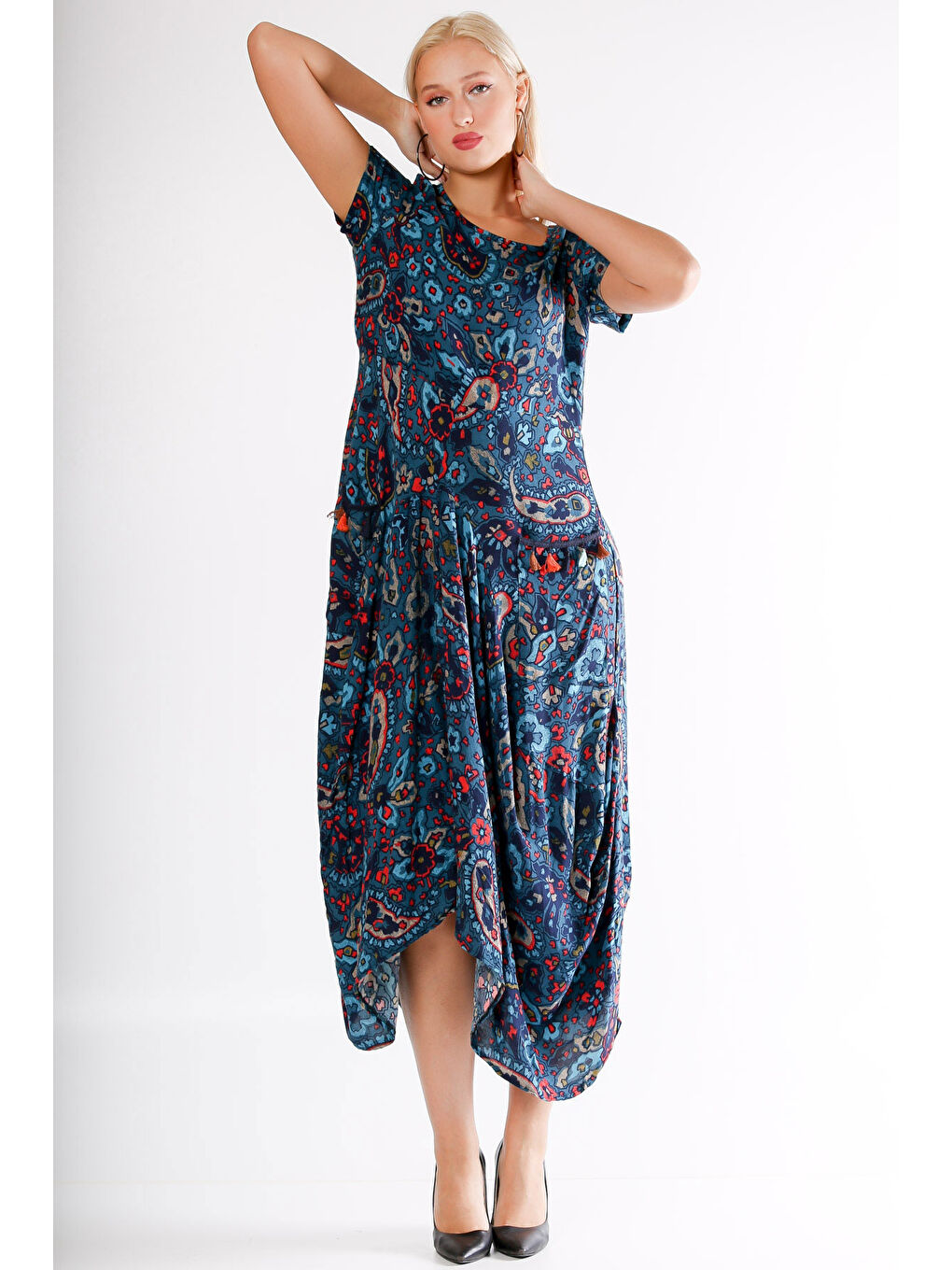 Pembe Mavi U Yaka Kısa Kol Şal Desenli Cepli Allover Baskılı Dokuma Elbise-6