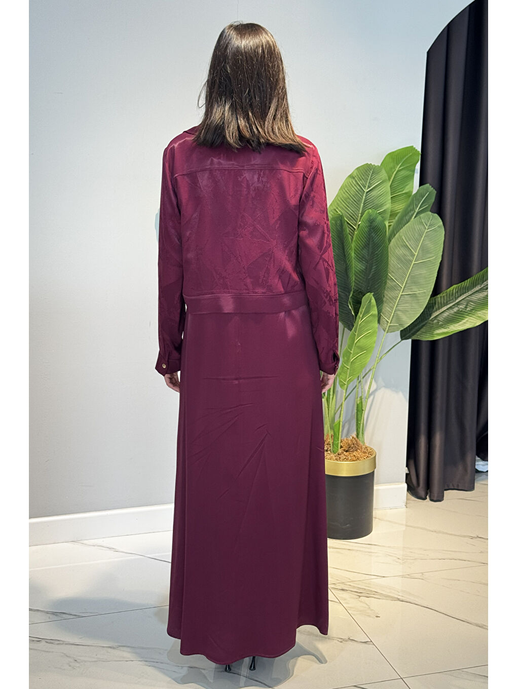 Kadın Jakar Kumaş Elbise 5305 Bordo-4