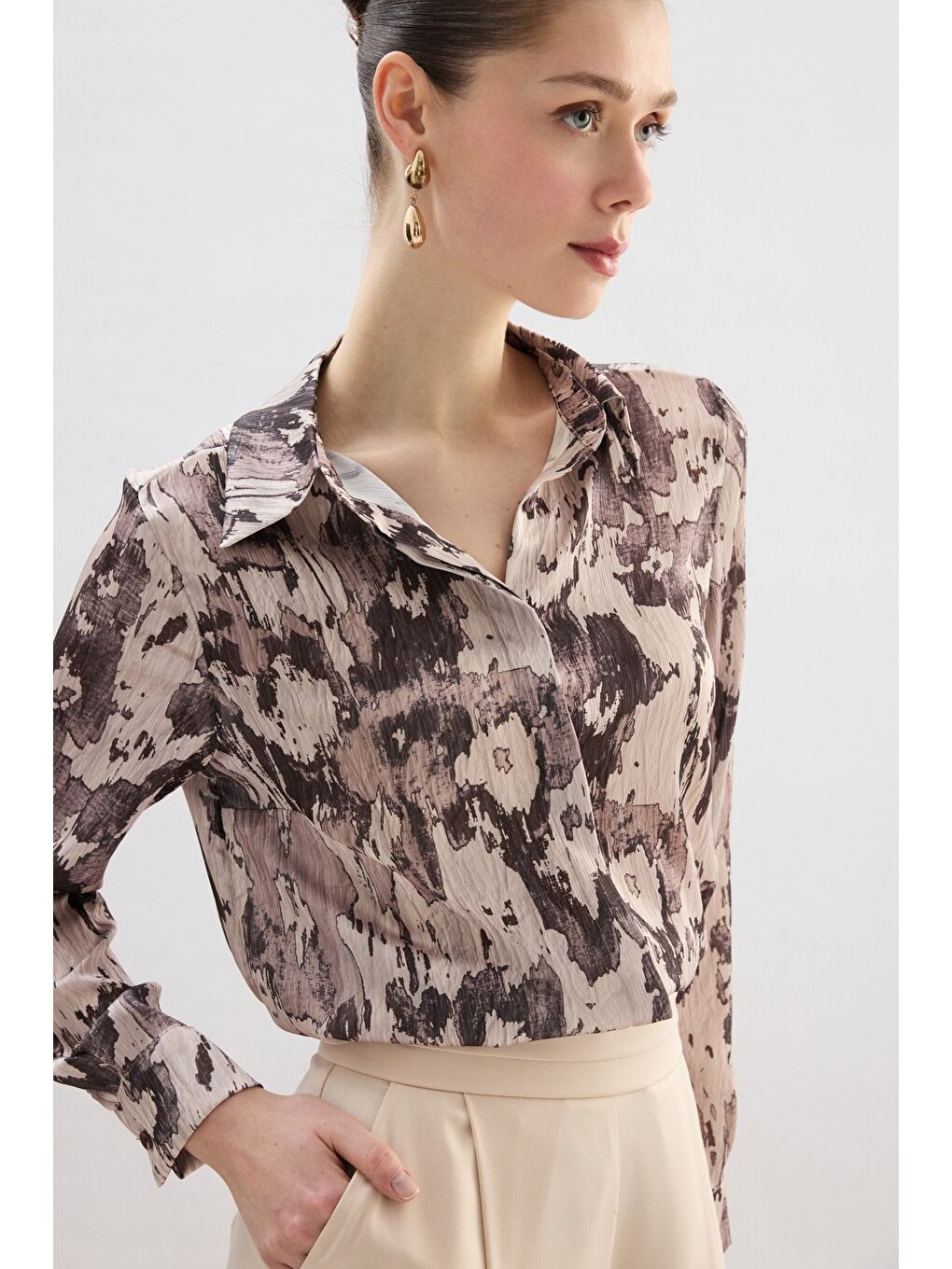 Kahverengi Desenli Düz Kesim Gömlek - Kahve-5