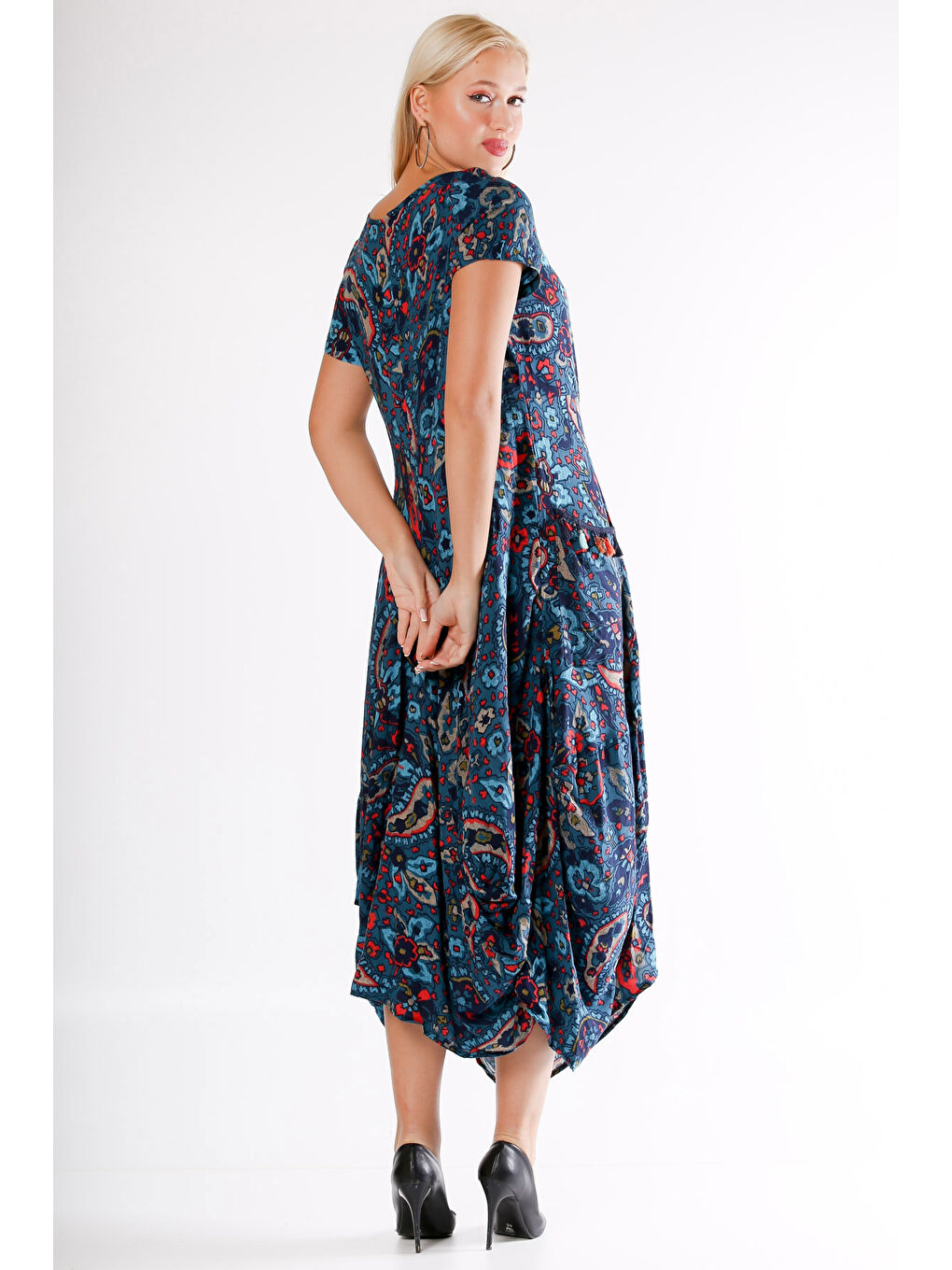 Pembe Mavi U Yaka Kısa Kol Şal Desenli Cepli Allover Baskılı Dokuma Elbise-7