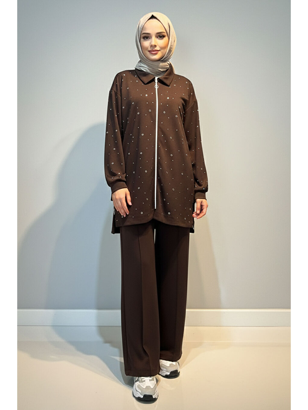 Zımba Detay Tunik Pantolon Takım 2121 Kahverengi