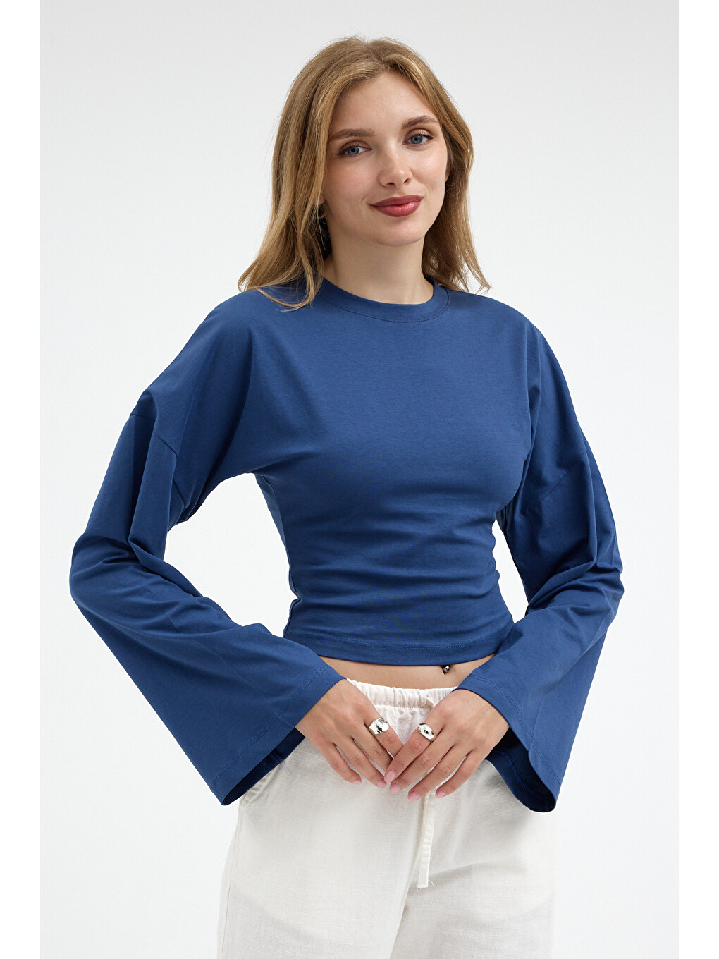 Kadın Basic Geniş Kol Mavi Crop Bluz