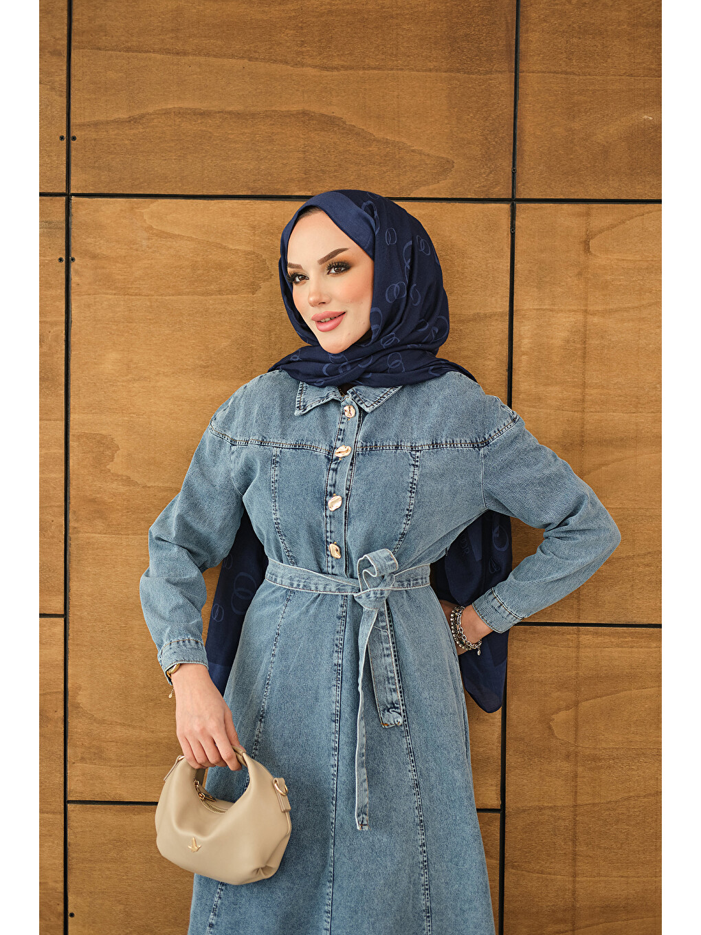Kadın Gold Yarım Düğme Detaylı Bel Bağlamalı Jean Elbise Buz Mavi-2