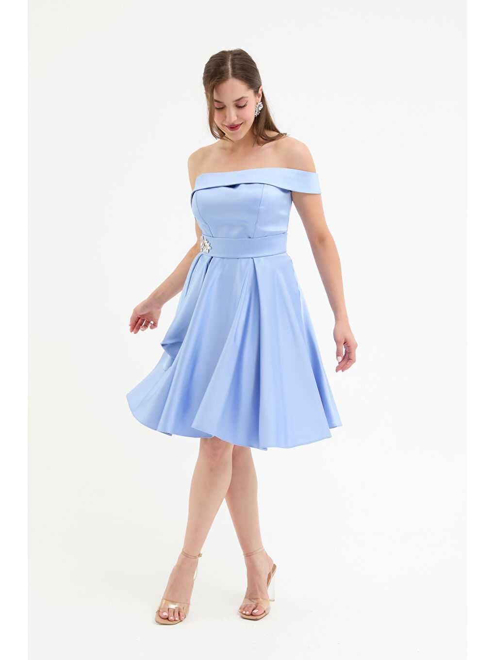 Kadın Bebe Mavi Taş Aksesuarlı Saten Mini Mezuniyet Abiye Elbise-1