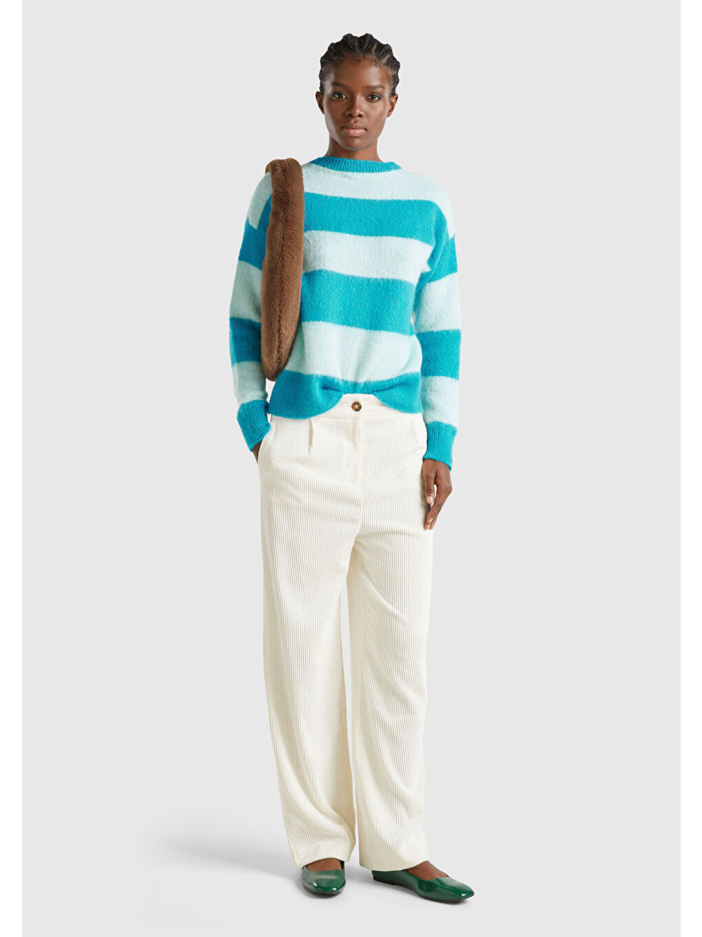 Kadın Mavi Alpaka Karışımlı Kalın Renk Bloklu Yuvarlak Yaka Kazak