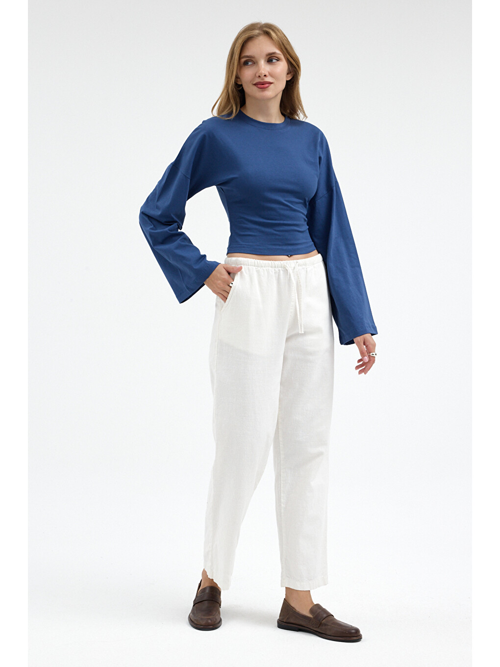 Kadın Basic Geniş Kol Mavi Crop Bluz-2