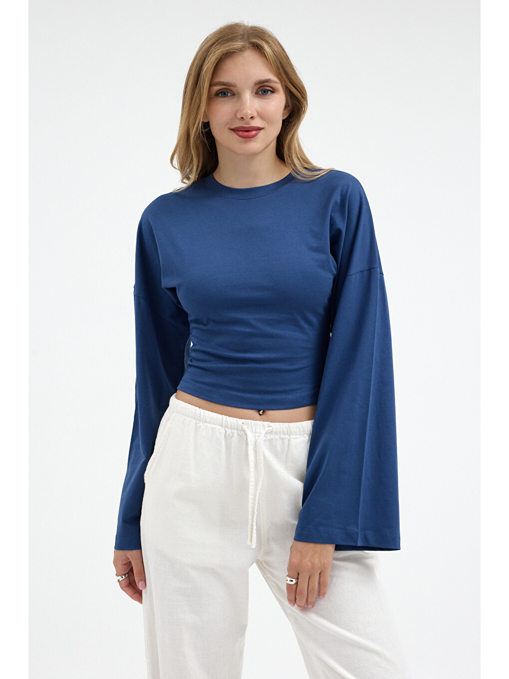 Kadın Basic Geniş Kol Mavi Crop Bluz-3