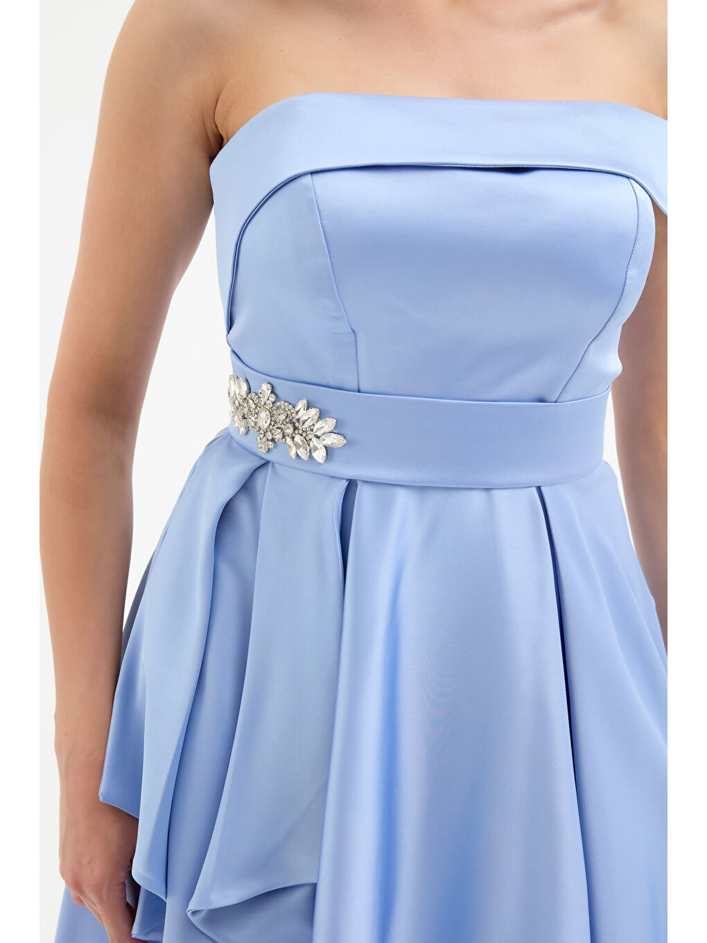 Kadın Bebe Mavi Taş Aksesuarlı Saten Mini Mezuniyet Abiye Elbise-3