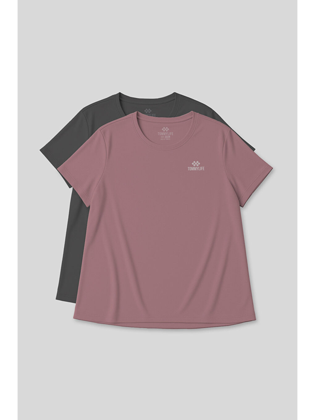 Rahat Form 2li Paket Koyu Gri-Gül Kurusu Battal Kadın T-Shirt - 97308