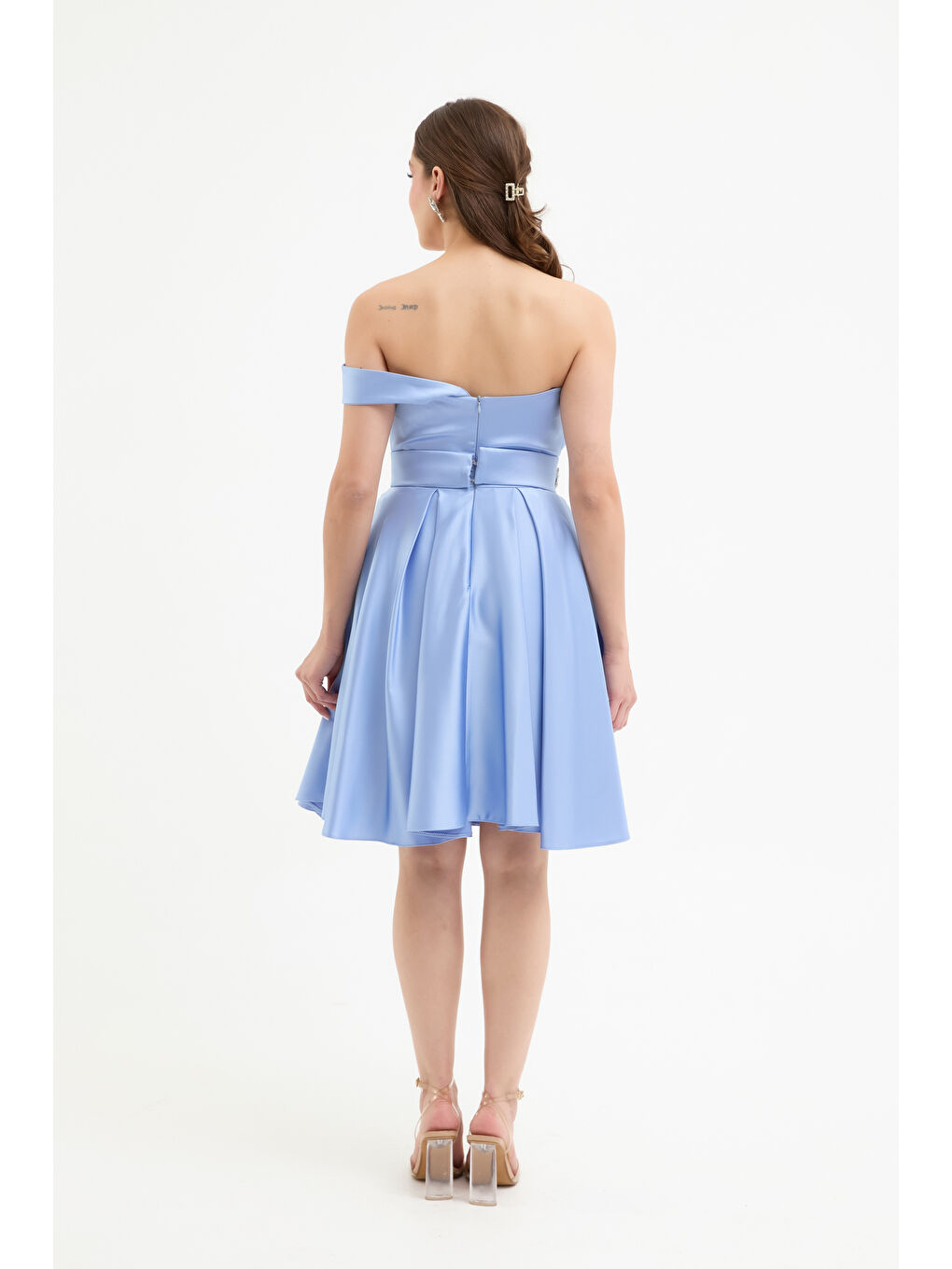 Kadın Bebe Mavi Taş Aksesuarlı Saten Mini Mezuniyet Abiye Elbise-4