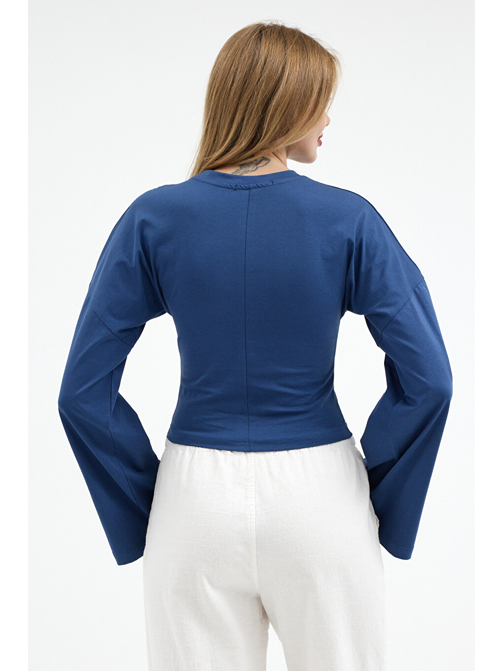 Kadın Basic Geniş Kol Mavi Crop Bluz-4