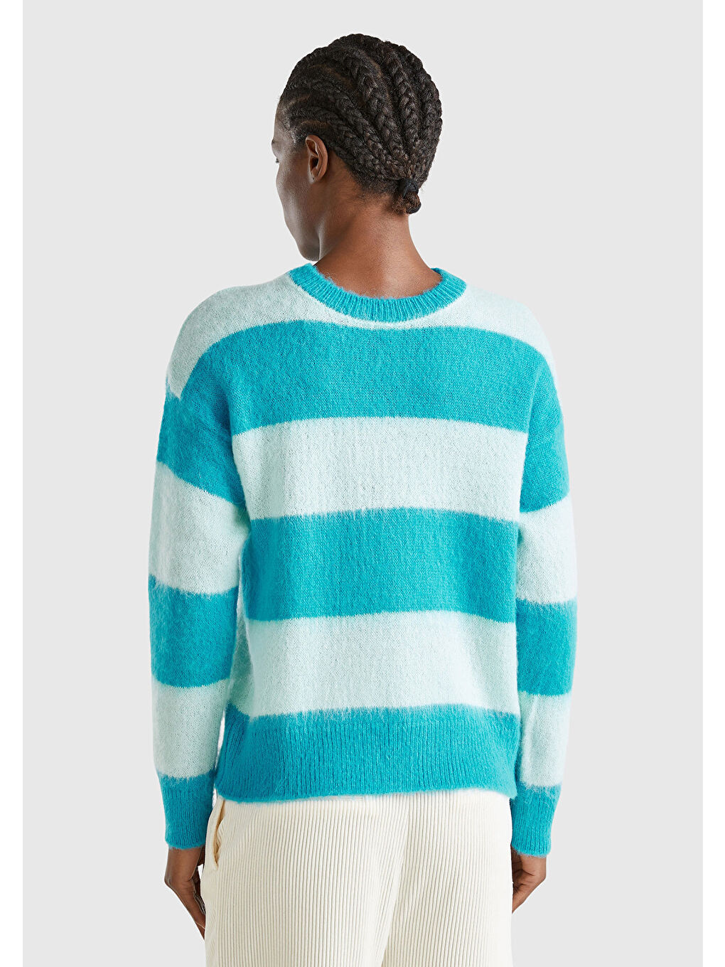 Kadın Mavi Alpaka Karışımlı Kalın Renk Bloklu Yuvarlak Yaka Kazak-3