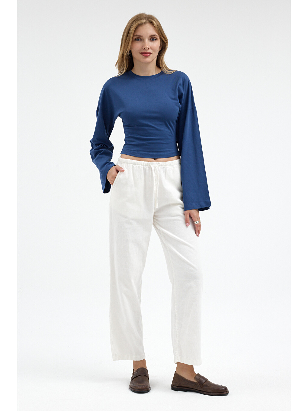 Kadın Basic Geniş Kol Mavi Crop Bluz-5
