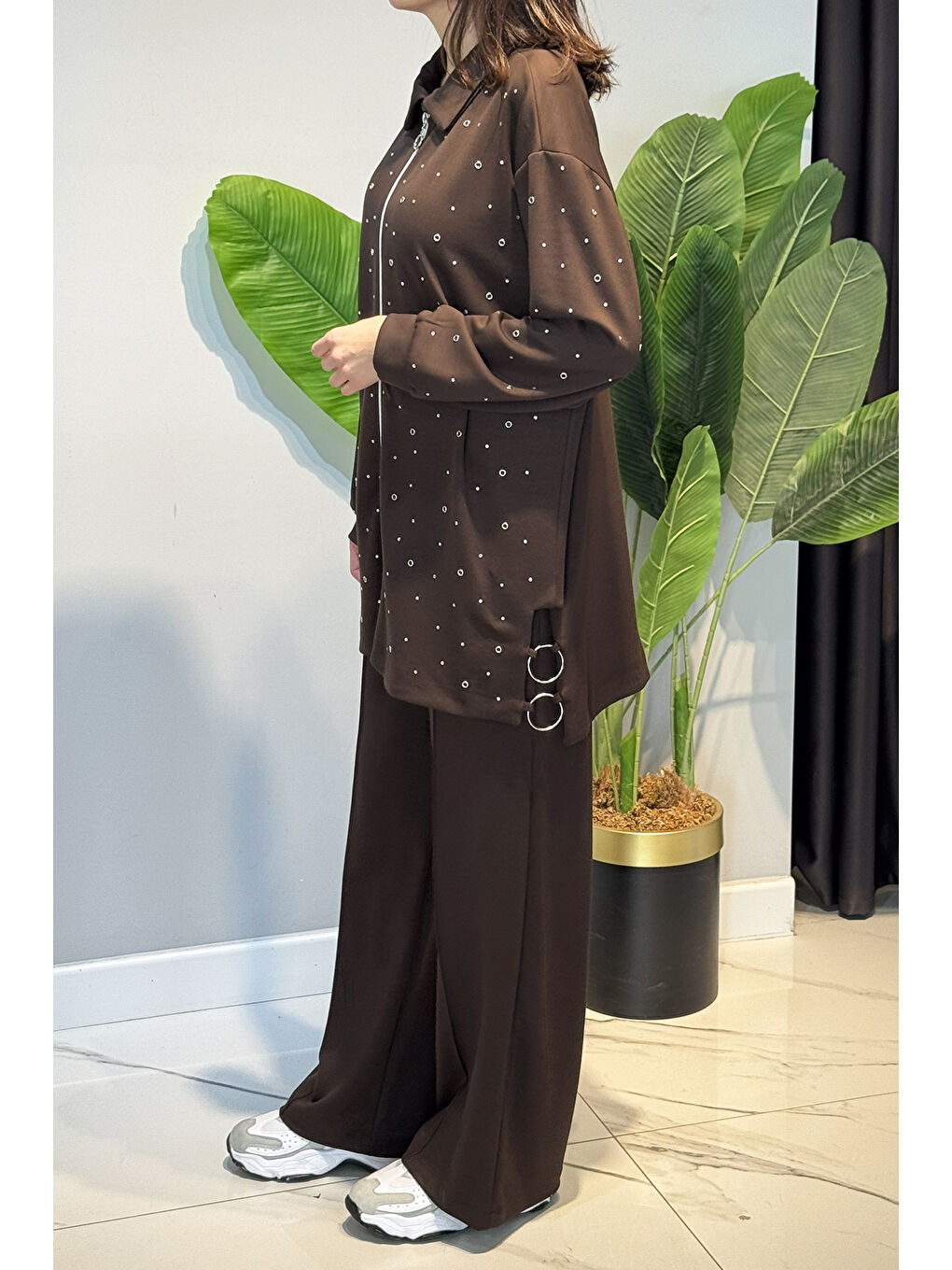 Zımba Detay Tunik Pantolon Takım 2121 Kahverengi-1