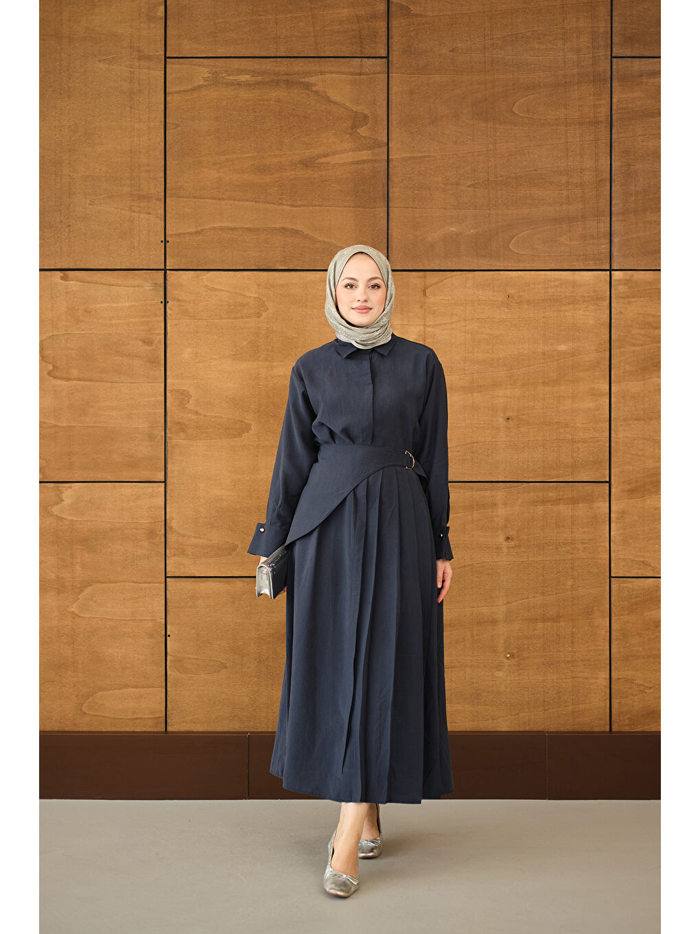 Kadın Pileli Kemer Bağlamalı Boydan Düğmeli Elbise Lacivert