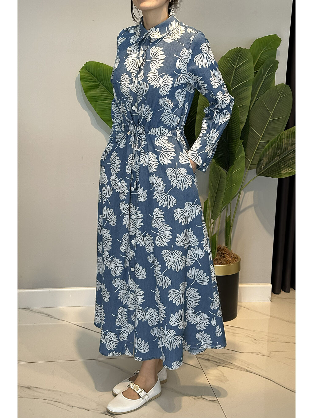 Desenli Düğme Detay Elbise 13296 Mavi-1