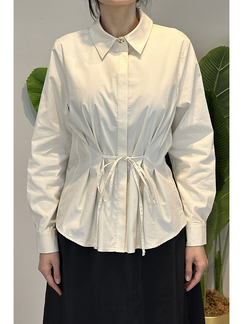 Bağlama Detaylı Gömlek 19515 Bej-1