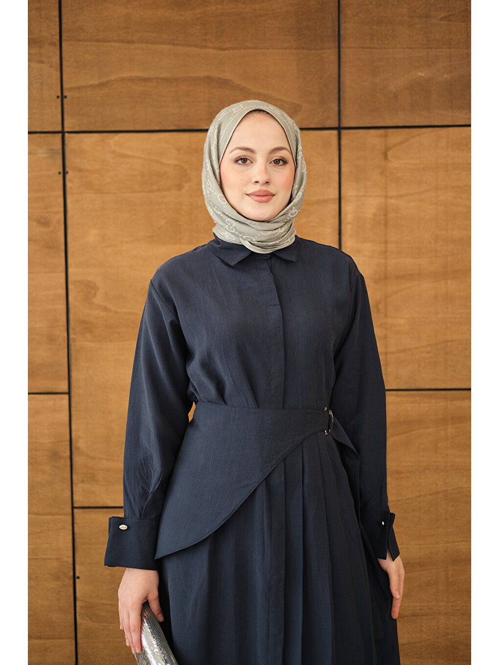 Kadın Pileli Kemer Bağlamalı Boydan Düğmeli Elbise Lacivert-1