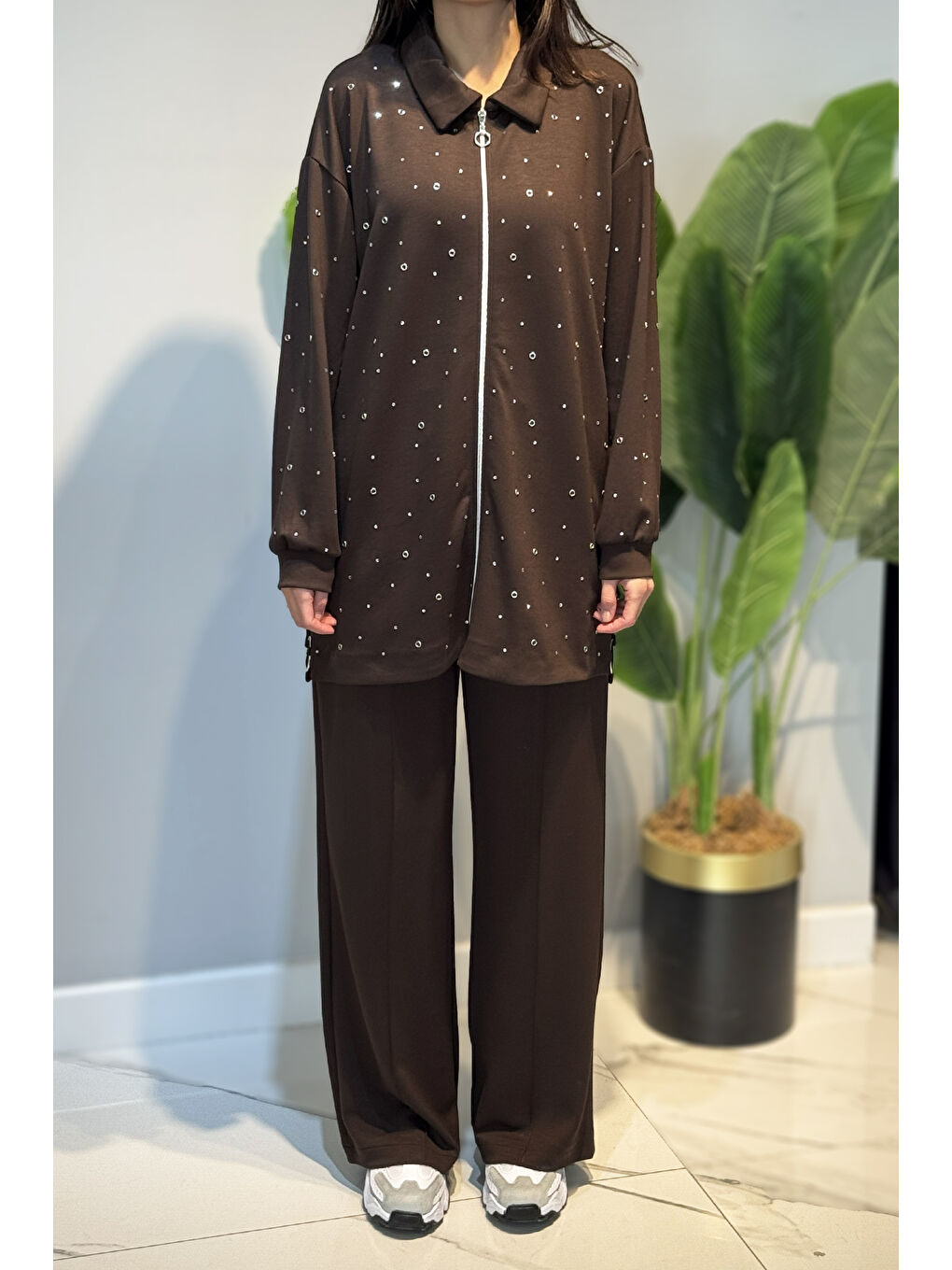 Zımba Detay Tunik Pantolon Takım 2121 Kahverengi-2