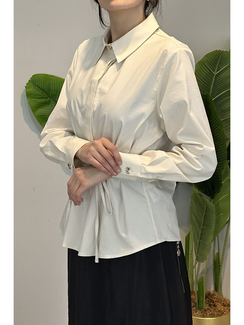 Bağlama Detaylı Gömlek 19515 Bej-2