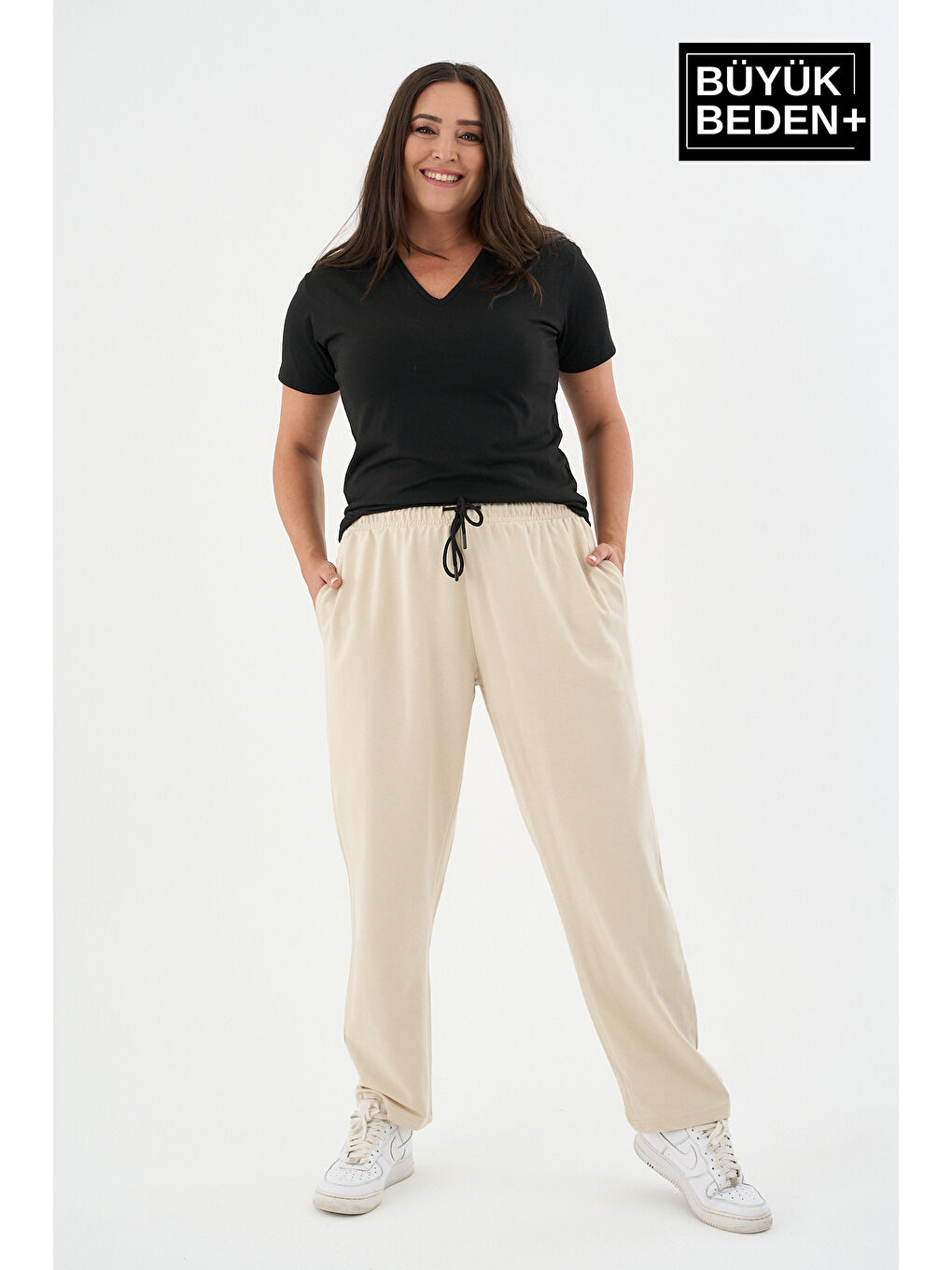 Bej Kadın Büyük Beden İnce Eşofman Altı SPR25BEAK52-1