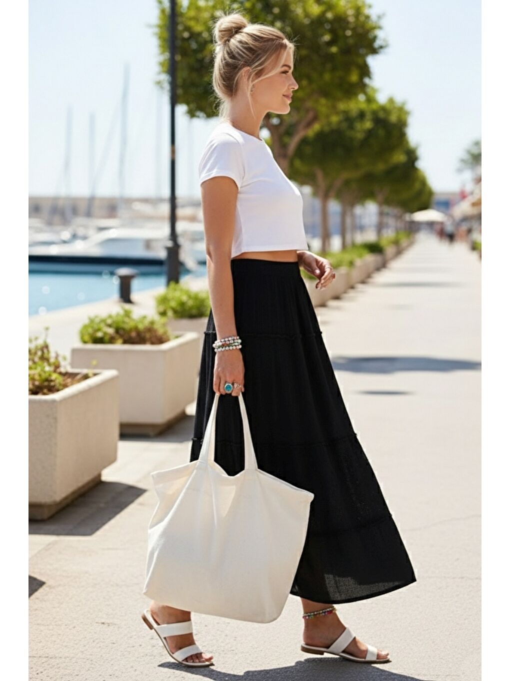 Siyah Eteği Fırfırlı Brodeli Lastikli Bel Casual Müslin Uzun Dokuma Etek 92 65-3