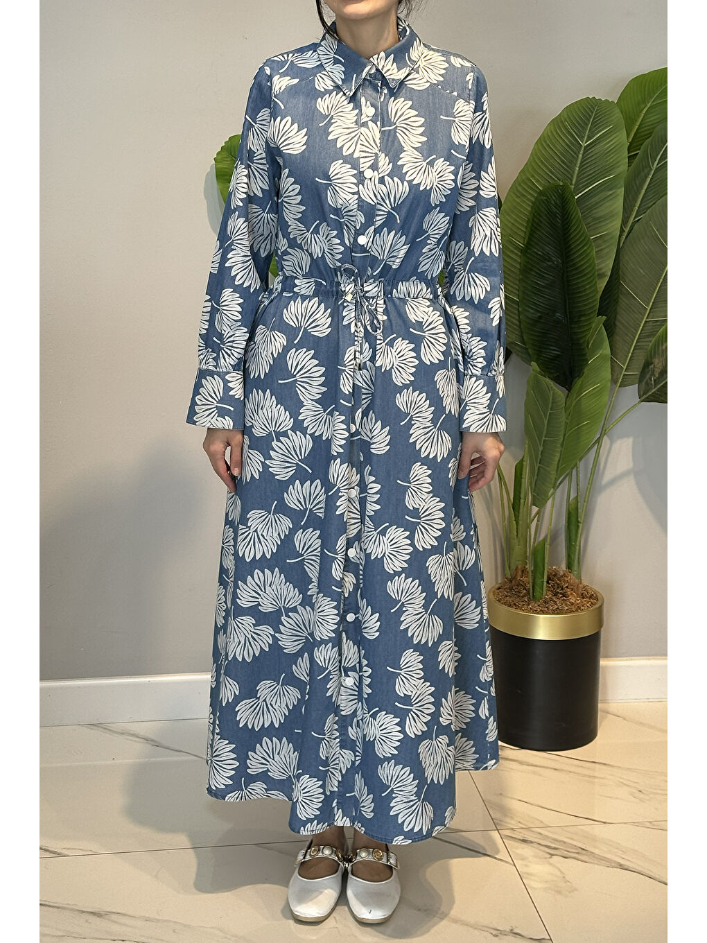 Desenli Düğme Detay Elbise 13296 Mavi-2