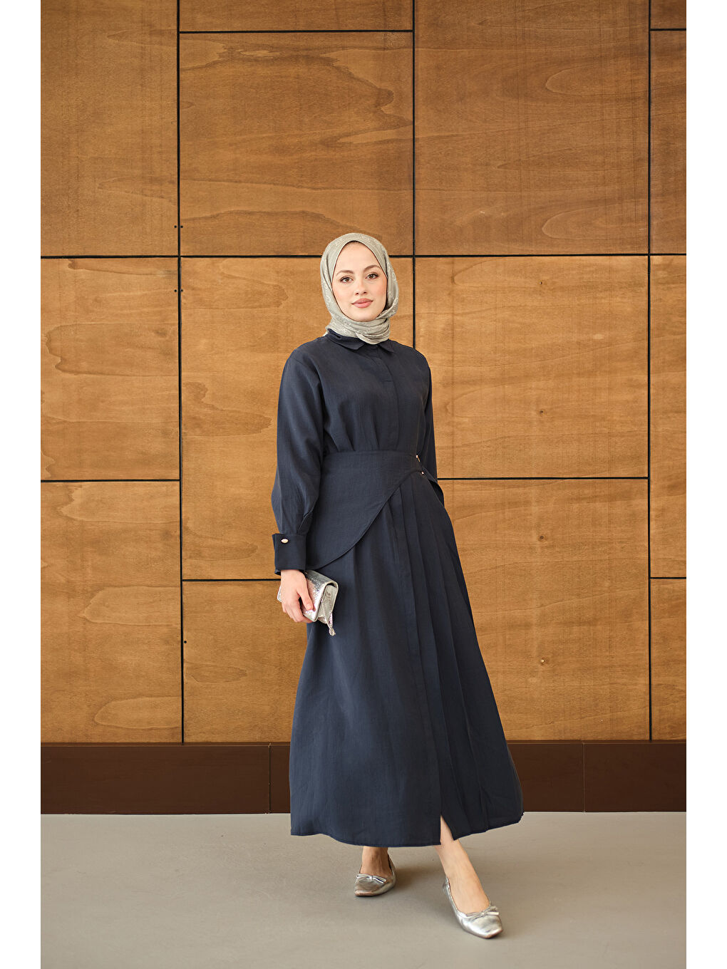 Kadın Pileli Kemer Bağlamalı Boydan Düğmeli Elbise Lacivert-3