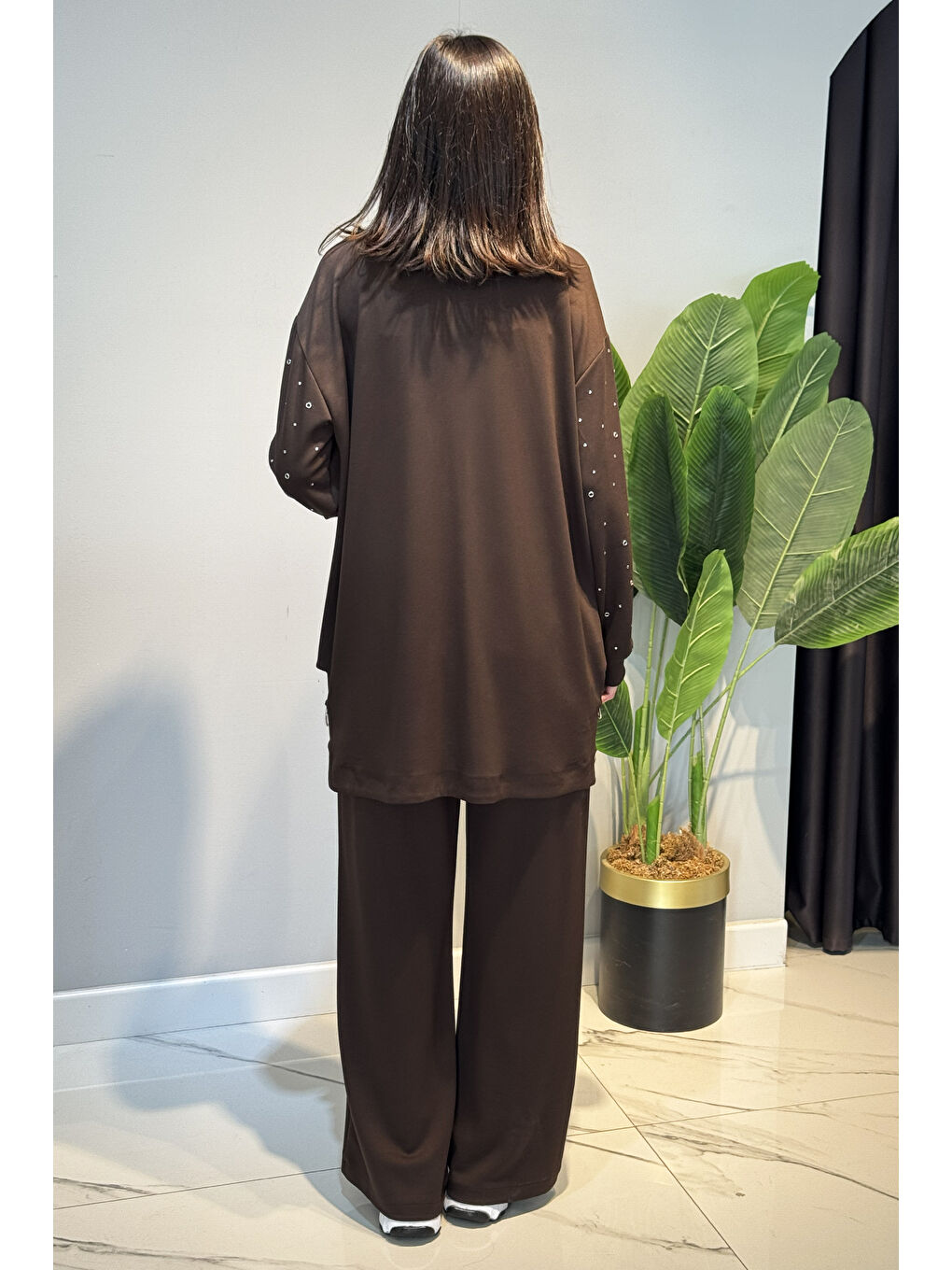Zımba Detay Tunik Pantolon Takım 2121 Kahverengi-3