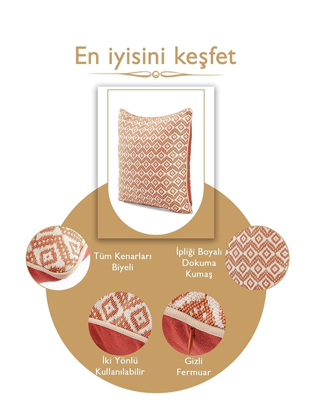 Turuncu Özel Tasarım 43x43 Dokuma Kırlent Kılıfı Biyeli Gizli Fermuarlı Dekoratif Salon-3