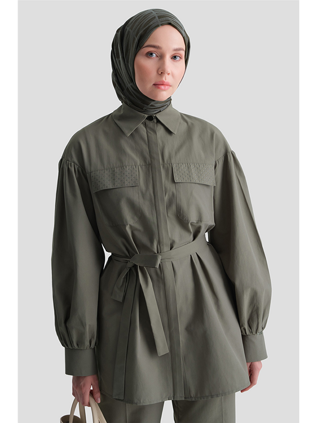 İşleme Detaylı Poplin Takım Haki-3