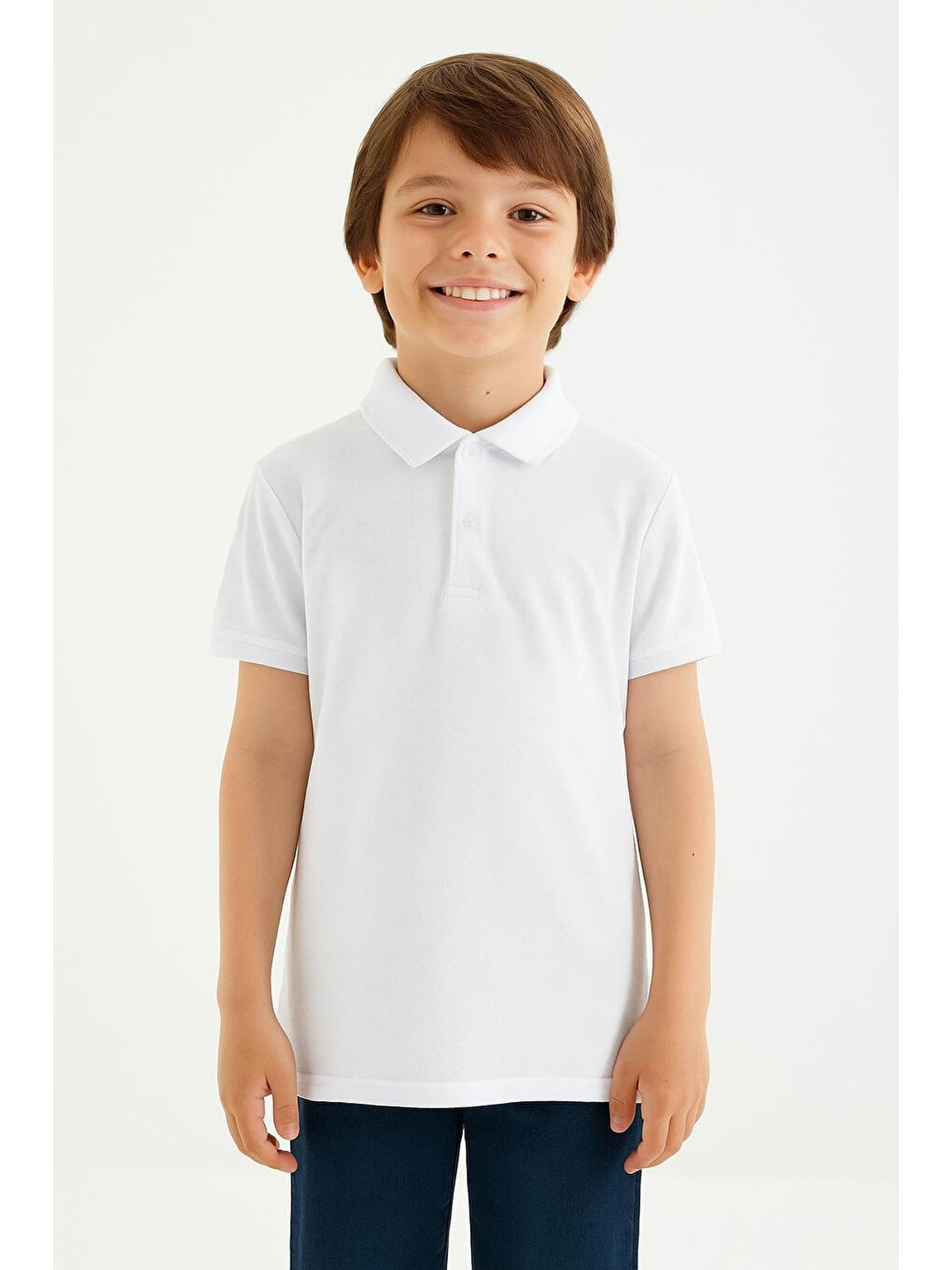 Beyaz Erkek Çocuk Polo Yaka Basic Kısa Kollu Okul Tişört AK-6050-1
